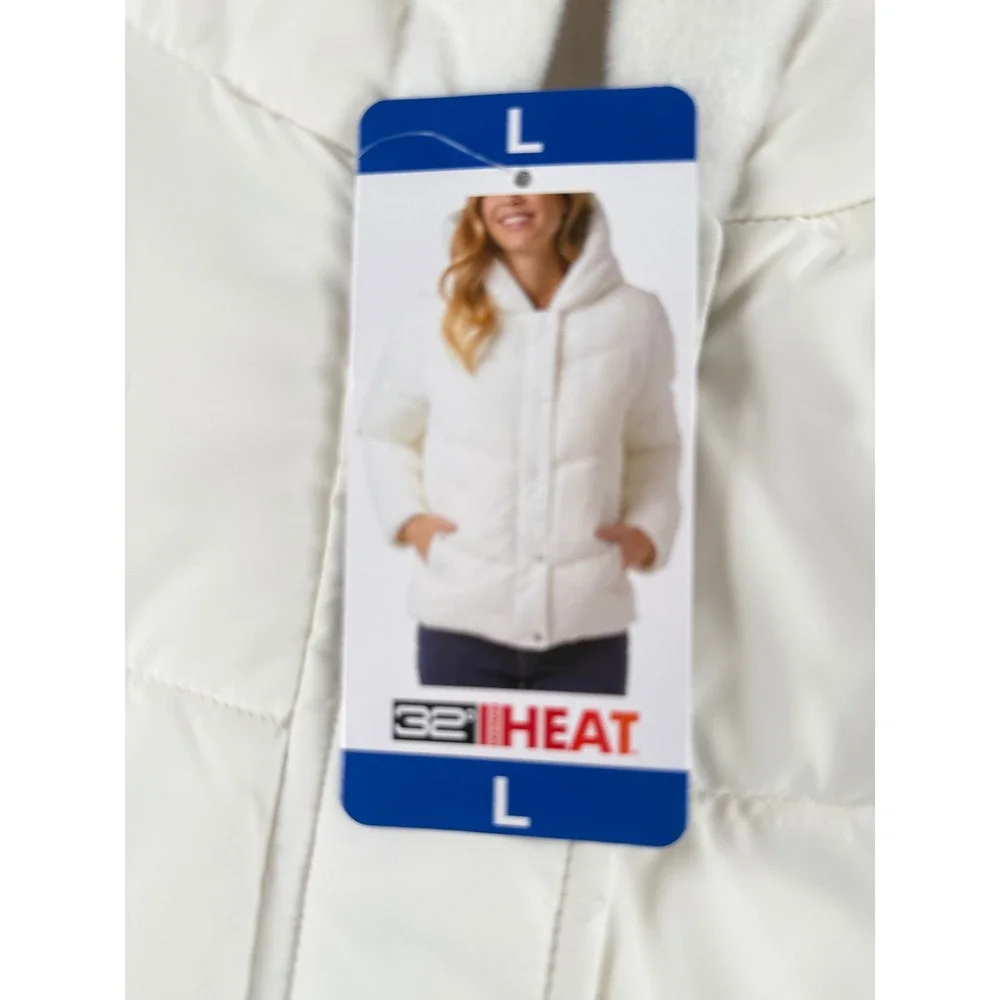 32 Degrees Heat Womens White Faux Fur Lined Hooded Puffer Jacket 1896895 L